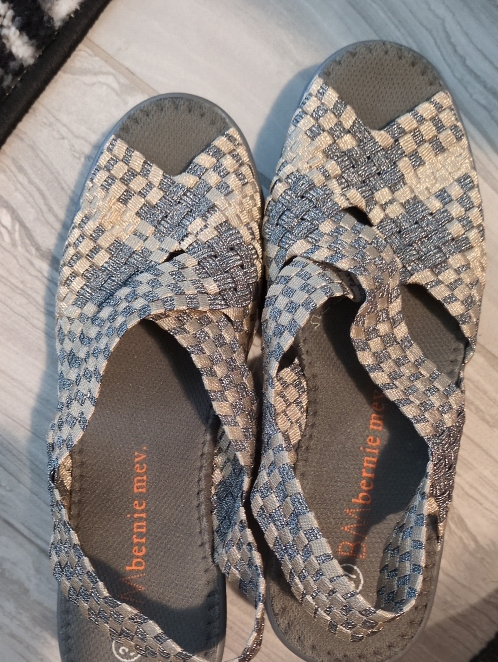 bernie mev. Woven Metallic Silver and Gray Slip-On Sandals